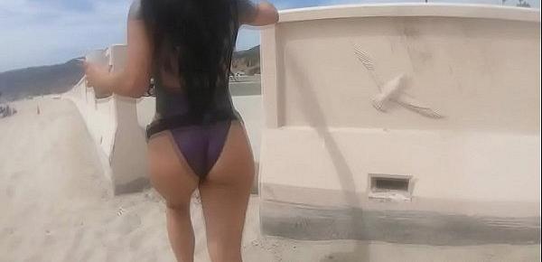  Thick Latina gags on random cock from the beach